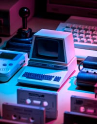 picture of old devices (pcs, cassette tapes and gameboys)